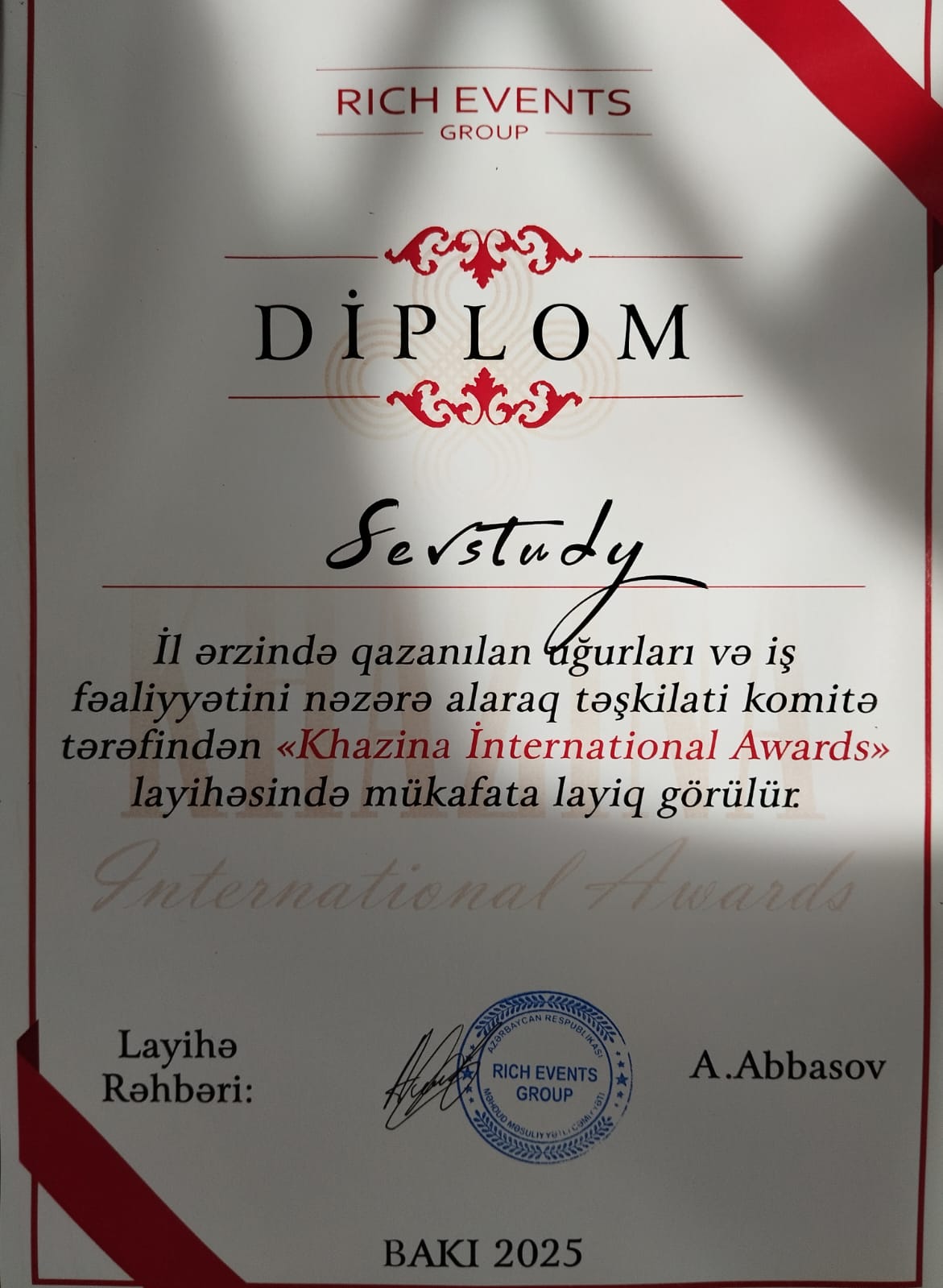 SevStudy.az Khazina İnternational Awards mükafatını qazandı.